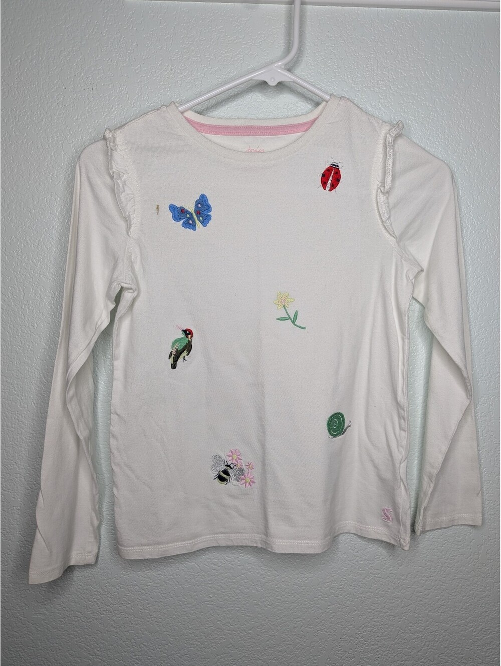 Joules Girls White Embroidered Nature Long Sleeve Ruffle Top Size 10Y